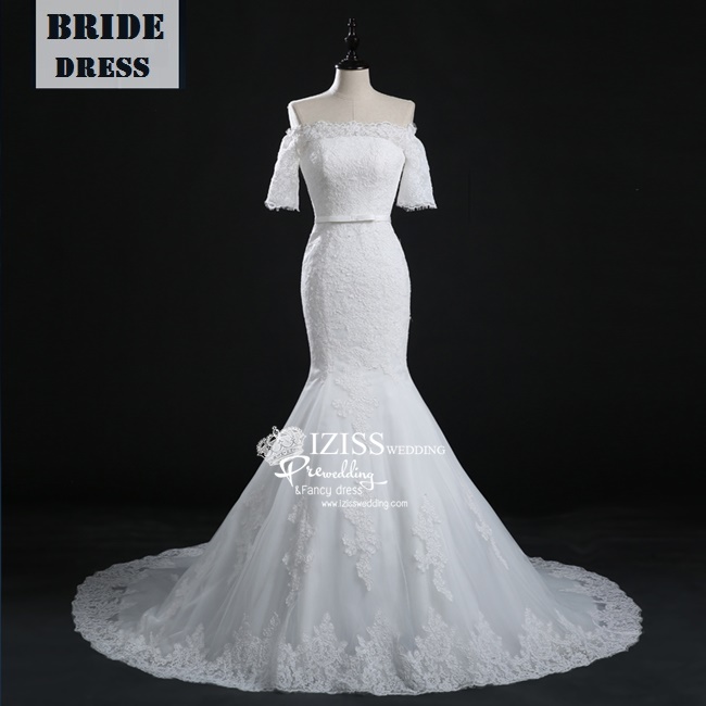 BR163 **พรีออเดอร์**ชุดแต่งงาน&ชุดเจ้าสาวแบบยาวสีขาวหางปลาเกรดพรีเมี่ยม เปิดไหล่ ครึ่งแขน เข้ารูปช่วงสะโพกบานออกช่วงปลาย หรูหราน่ารัก สวยโดดเด่นไม่ซ้ำใคร