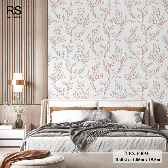 วอลเปเปอร์ ลายใบไม้กิ่งไม้มินิมอลสีพิ้งโก พื้นสีเทา TEX-F30W