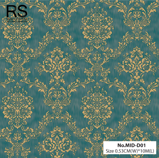 วอลเปเปอร์ ลายหลุยส์ พื้นสีฟ้า ลายสีน้ำตาลทอง No.MID-D01