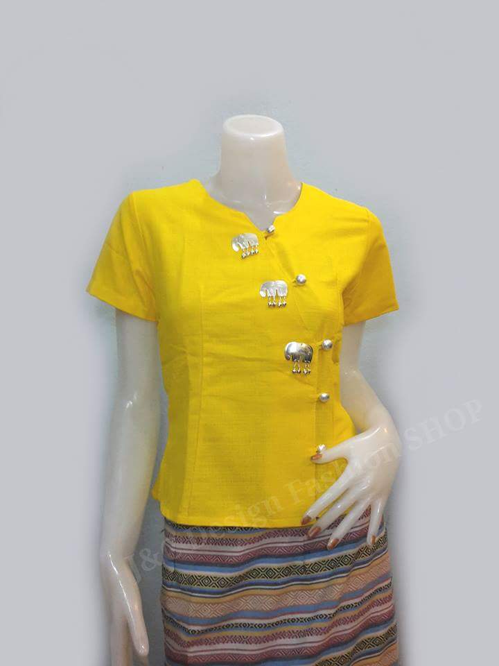 เสื้อผ้าไทยสีเหลืองแต่งอลั่ยช้าง #เสื้อผ้าฝ้ายสีเหลือง #เสื้อผ้าฝ้ายสีเหลืองแขนสั้น แต่งกุ้นสีเหลืองคอวี #เสื้อภูไทยสีเหลือง