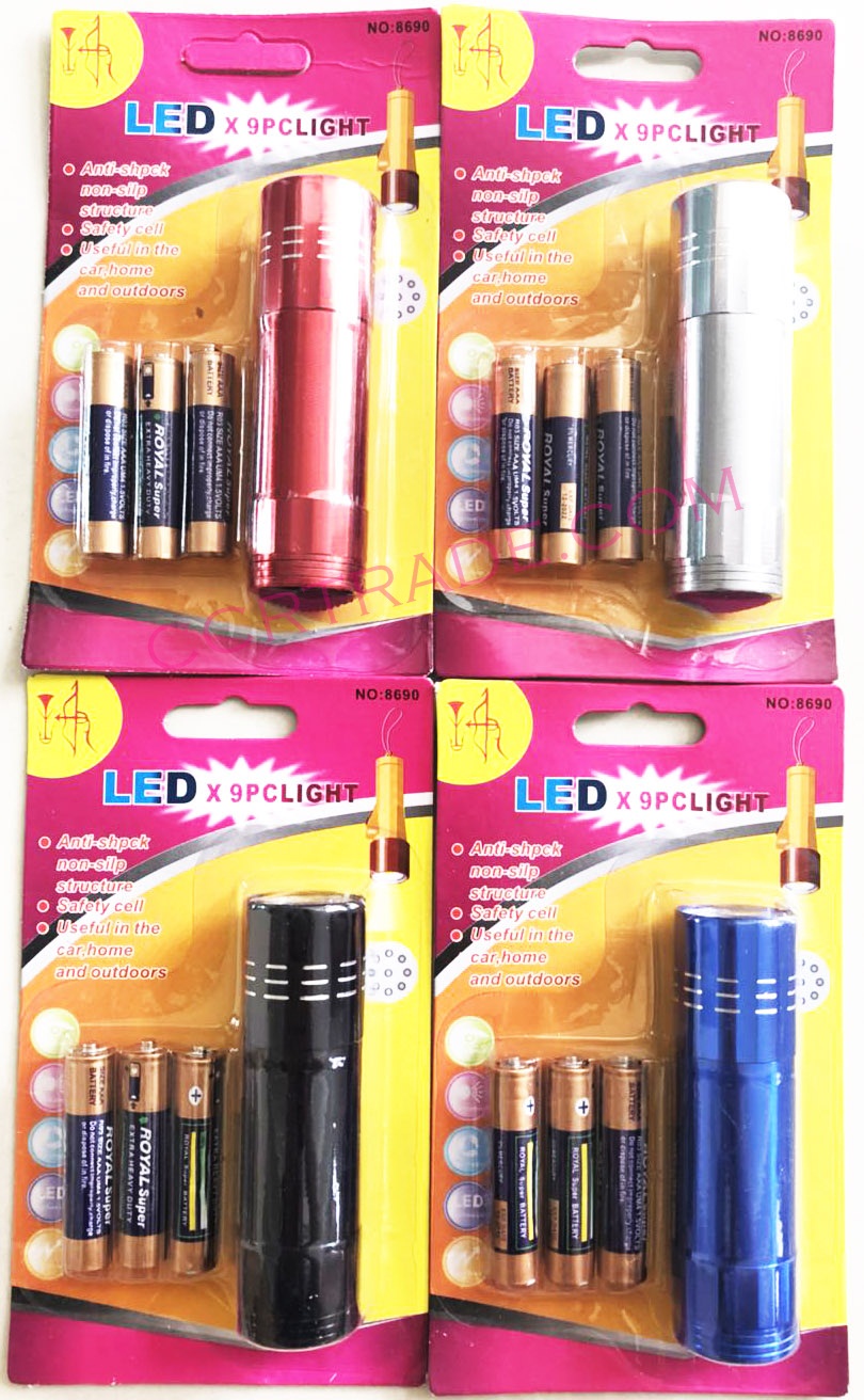 ไฟฉาย LED 9 หัว+ถ่านแผง 14.5 ซม.