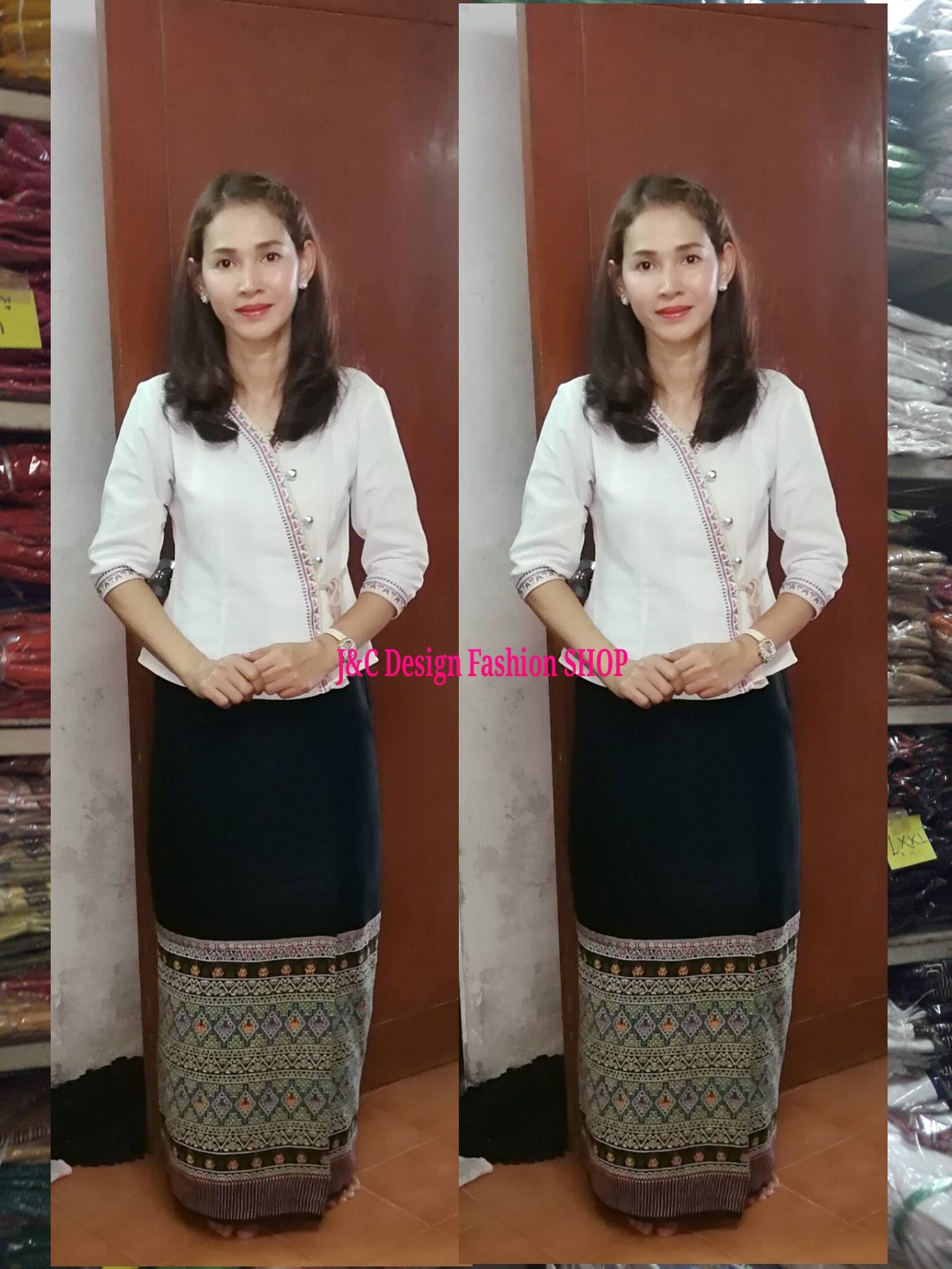 เสื้อผ้าไทยสีขาวเดินเทปคู่ เสื้อผ้าฝ้ายสีขาวคอจีน เสื้อทำงานผ้าไทยสีขาวคอจีน เสื้อผ้าฝ้ายสีขาวแขนสามส่วน แต่งกุ้นสีครีมเทปคู่ เสื้อภูไทยสีขาว