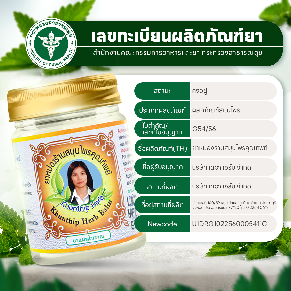 ยาหม่องสมุนไพรคุณทิพย์ ยาหม่องสีขาว ขนาด 50 กรัม (Khunthip Herbal White Balm 50g)
