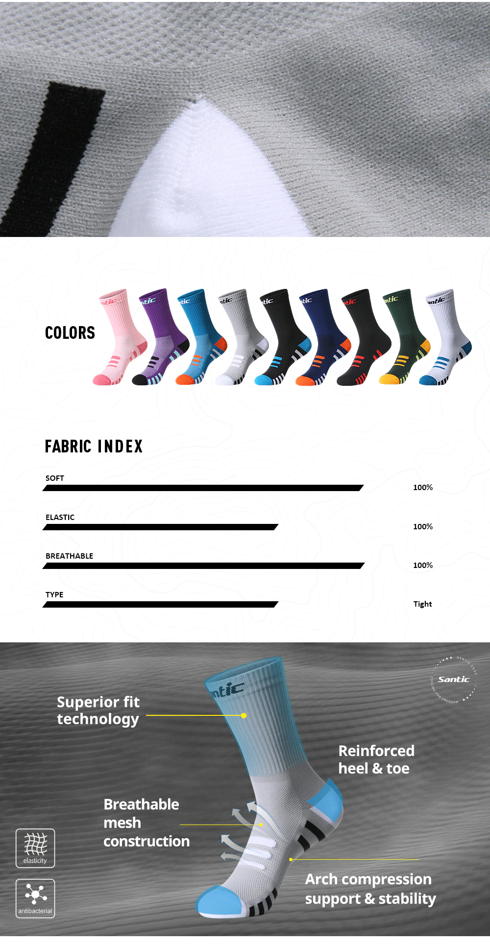 ถุงเท้าปั่นจักรยานเสือหมอบ เสือภูเขา SANTIC WM0P069 แบบยาวพิเศษ