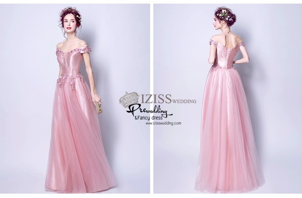 DL058 - **พรีออเดอร์** ชุดราตรี เดรสยาวออกงาน (Night party dresses) ชุดไปงานแต่งงานสวยๆ "ธีมสีชมพูแต่งดอก 3D"