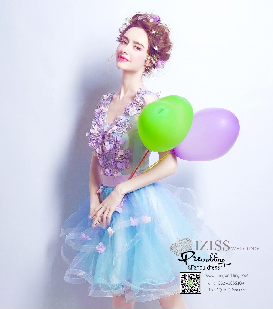 DS018 - **พร้อมส่งทั้งกระโปรงสั้น/ยาว**ชุดราตรี เดรสสั้นออกงาน (short dresses) ชุดไปงานแต่งงานสวยๆ "ธีมสีฟ้า-ม่วง"