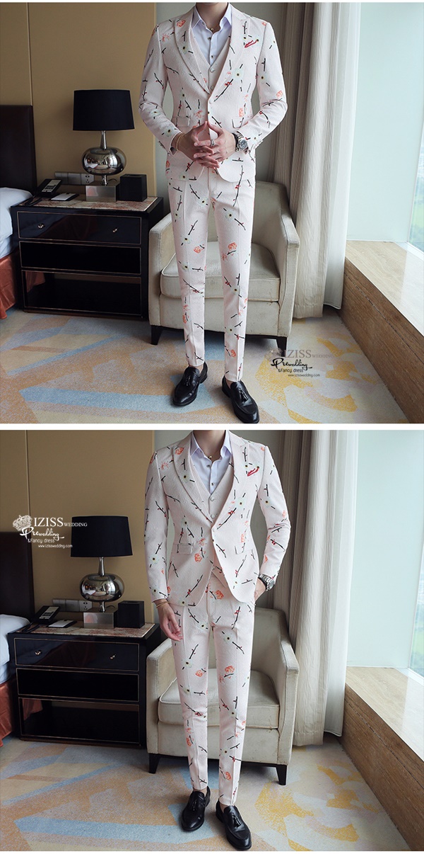 ST122- **พรีออเดอร์**สูทแฟนซีผู้ชายสีโอโรสลายดอกเหมย แขนยาว พร้อมกางเกง ชุดสูทเจ้าบ่าว สูทแฟนซี ถ่ายพรีเวดดิ้ง & ชุดแต่งงานแฟนซี (Fancy wedding dress) สูทผู้ชายสีโอโรสลายดอกเหมย