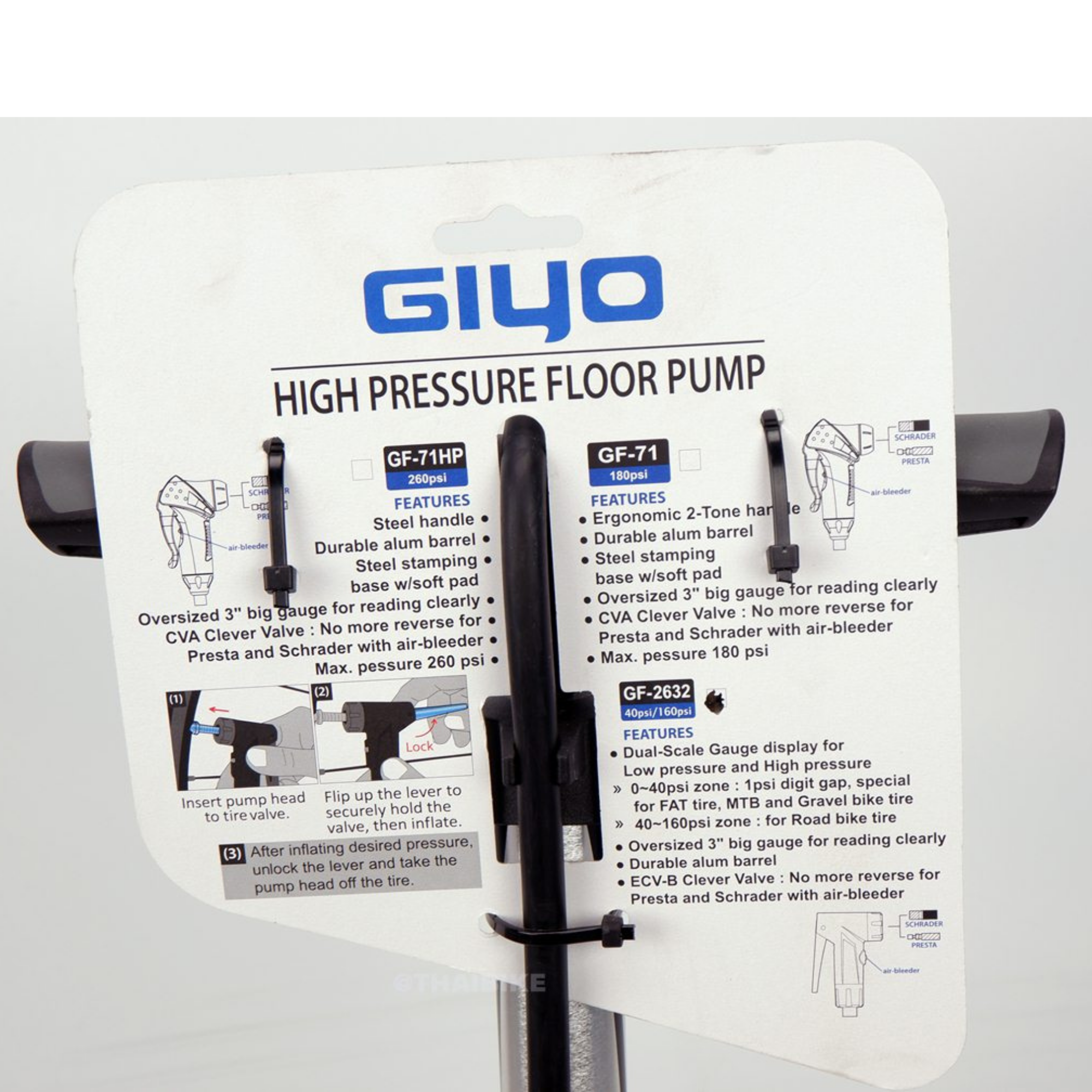 สูบตั้งพื้น สูบจักรยาน มอตอร์ไซต์ GIYO GF-2632 รองรับ 3 หัว มีเกจ์วัดลม 160PSI