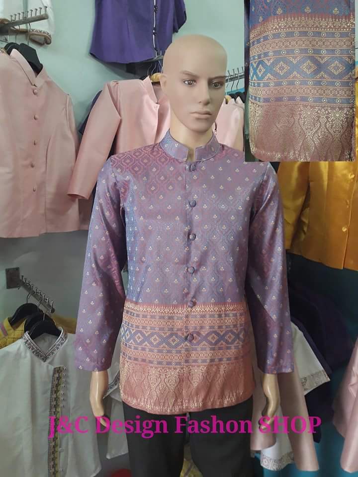 เสื้อคอพระราชทานชายไหมแพรทิพย์ เสื้อชายไหมแพรทิพย์คอพระราชทานสีชมพูกระปิยกดอกฟ้า สูทผ้าไทยชายสีสีชมพูกระปิยกดอกฟ้า เสื้อผ้าไทยสีชมพูกระปิยกดอกฟ้า