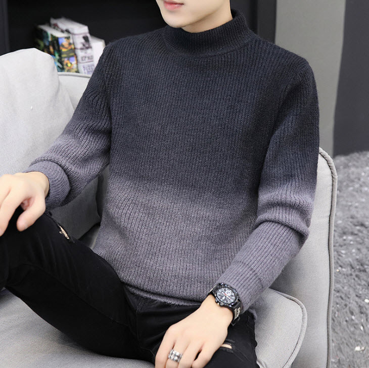 พร้อมส่ง เสื้อไหมพรมผู้ชาย คอปีน สีดำ ไล่สี ผ้าลายริ้ว หนานุ่ม ใส่กันหนาว สเวตเตอร์ผู้ชาย