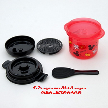 ++พร้อมส่ง+ที่อุ่นอาหาร หรือใช้หุงข้าว ในไมโครเวฟ ลายมิ๊กกี้ เมาส์ พร้อมทัพพีตักข้าวสีดำ สินค้า made in japan ค่ะ