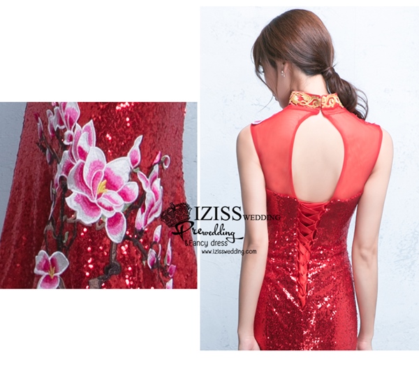 PW497 - **พรีออเดอร์** ชุดกี่เพ้าสีแดงเลื่อม ชุดคู่ถ่ายพรีเวดดิ้ง (prewedding dress) & ชุดแต่งงานแฟนซี (Fancy wedding dress)ชายหญิง "ธีมสีแดง"