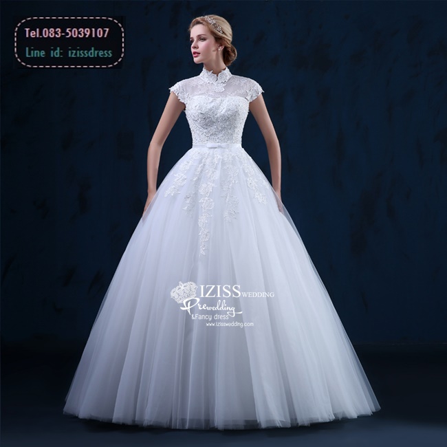 BR167 **พรีออเดอร์**ชุดแต่งงาน&ชุดเจ้าสาวแบบยาวสีขาวเกรดพรีเมี่ยม แขนสั้น ตกแต่งดีเทลลูกไม้ช่วงคอและข้างแขน ซีทรูช่วงไหล่และเนินอก ติดโบว์ช่วงเอว หรูหราน่ารัก สวยโดดเด่นไม่ซ้ำใคร