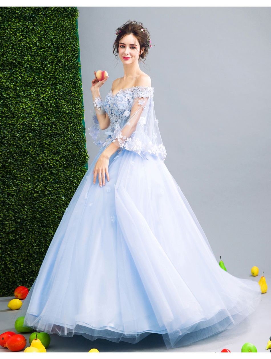 DL033 - **พรีออเดอร์** ชุดราตรี เดรสยาวออกงาน (Night party dresses) ชุดไปงานแต่งงานสวยๆ "ธีมสีฟ้าแต่งดอก 3D"