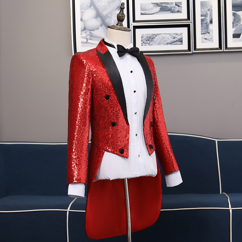 ST128- **พรีออเดอร์มี3สี**สูททักซิโด้เลื่อมผู้ชายสีเทาเงิน สีทองและสีดง สลับปกสีดำ แขนยาว พร้อมกางเกง ชุดสูทเจ้าบ่าว สูทแฟนซี ถ่ายพรีเวดดิ้ง & ชุดแต่งงานแฟนซี (Fancy wedding dress) สูทเลื่อมผู้ชายสีเงิน สีทองและสีแดง