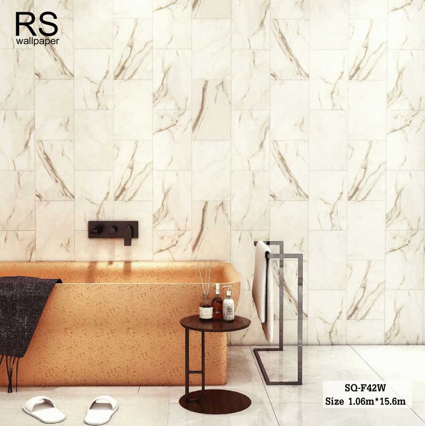 วอลเปเปอร์ ลายกระเบื้องหินอ่อน สีครีมน้ำตาล ปนลายงานสีทอง SQ-F42W