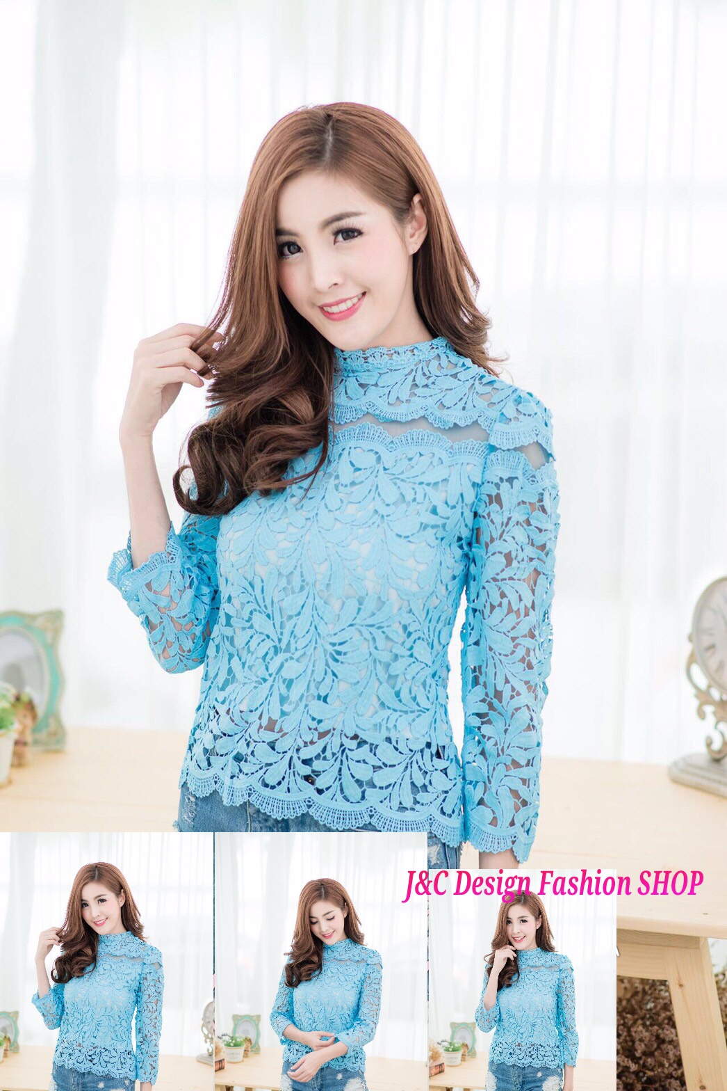 เสื้อลูกไม้สไตน์เกาหลีสีฟ้า เสื้อลูกไม้สไตน์วัยรุ่นสีฟ้า เสื้อใส่ผ้าซิ่นสีฟ้า เสื้อลูกไม้ใส่กับผ้าถุงสวยๆ เสื้อลูกไม้แขนยาว 5 ส่วน เสื้อลูกไม้ใส่กับผ้าซิ่นสีฟ้า