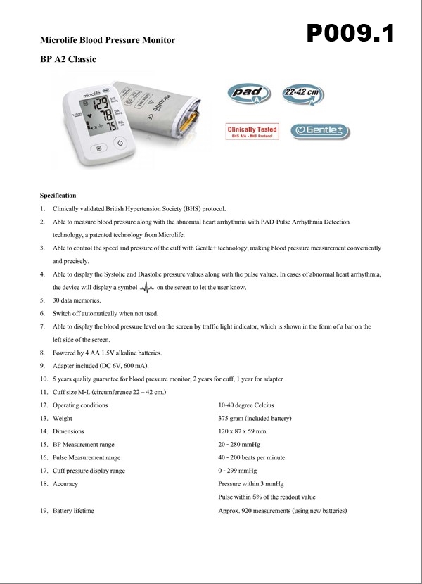 เครื่องวัดความดันโลหิต ไมโครไลฟ์ รุ่น BP A2 CLASSIC เครื่องวัดความดัน