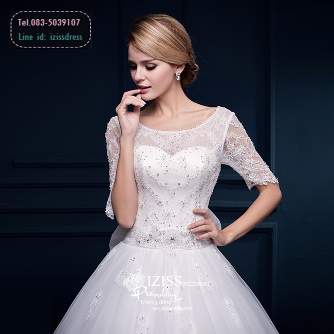 BR178 **พรีออเดอร์**ชุดแต่งงาน&ชุดเจ้าสาวแบบยาวสีขาวเกรดพรีเมี่ยม เปิดไหล่ มีแขน หรูหราน่ารัก สวยโดดเด่นไม่ซ้ำใคร