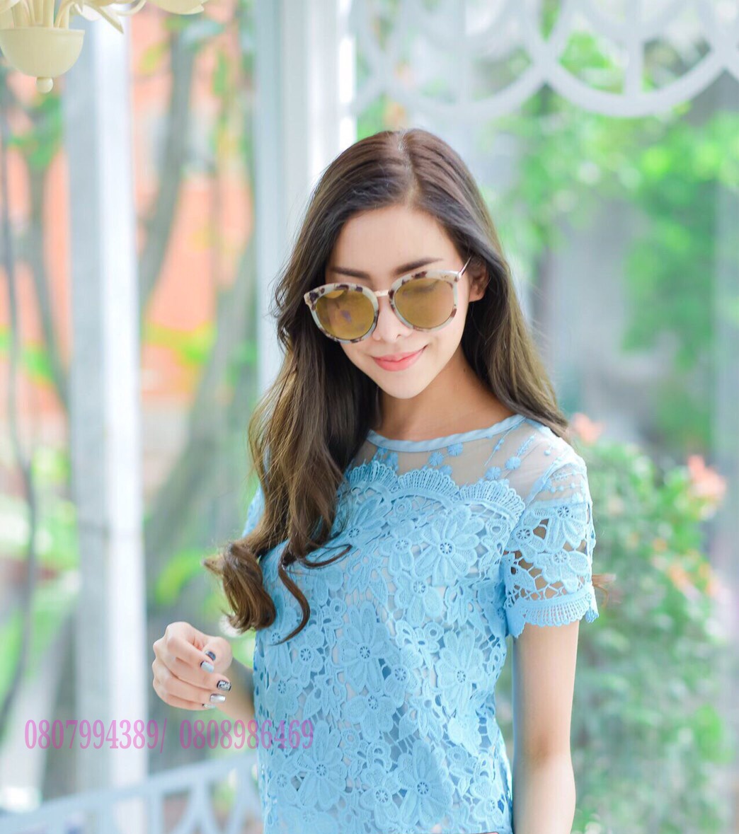 เสื้อลูกไม้สไตน์เกาหลี เสื้อลูกไม้สไตน์วัยรุ่น เสื้อผ้าไทยใส่กับผ้าซิ่น เสื้อผ้าฝ้ายใส่กับผ้าถุง เสื้อใส่ผ้าซิ่น เสื้อลูกไม้แขนสั้นสีฟ้า