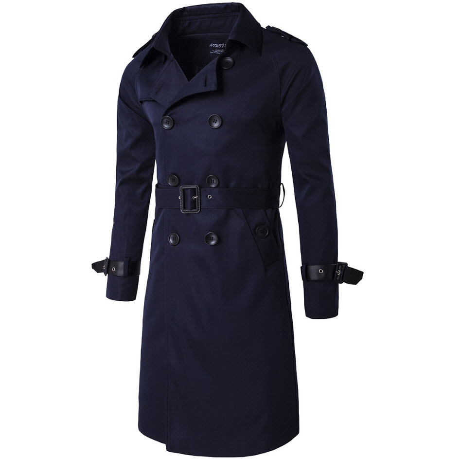 พร้อมส่ง Trench coat สีน้ำเงินกรมท่า เทรนช์โค้ทผู้ชาย ตัวยาว กระดุมหน้า 2แถว แต่งปลายแขนด้วยสายรัด มาพร้อมเข็มขัดเข้าชุด ใส่กันหนาว