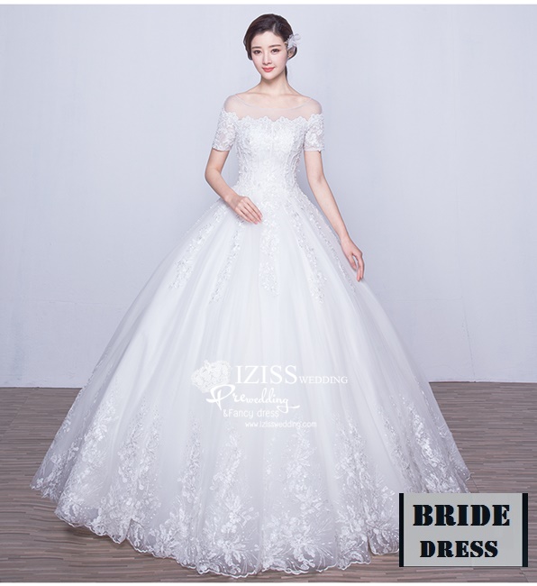 BR181 **พรีออเดอร์**ชุดแต่งงาน&ชุดเจ้าสาวแบบยาวสีขาวเกรดพรีเมี่ยม เปิดไหล่ มีแขน หรูหราน่ารัก สวยโดดเด่นไม่ซ้ำใคร