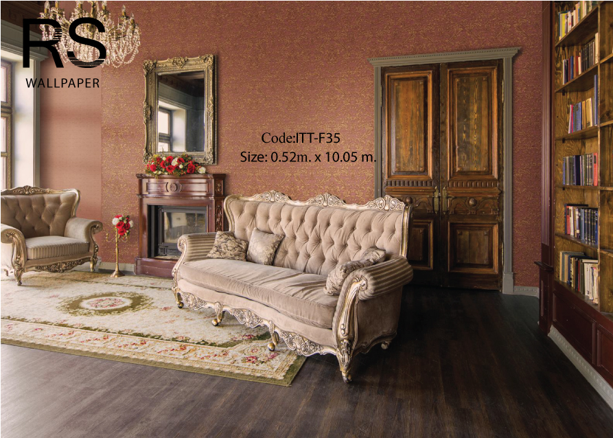 วอลเปเปอร์ลายหลุยส์สีทองมีกลิตเตอร์พื้นเทกเจอร์ผ้าไหมสีแดงอมทอง ITT-F35