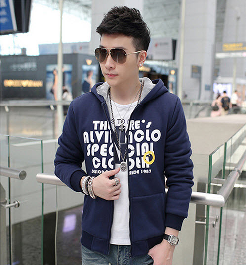 พร้อมส่ง เสื้อกันหนาว สีน้ำเงิน เสื้อกันหนาวมีฮู้ด บุขนด้านในเพิ่มความอบอุ่น ซิปหน้า สกรีนด้านหน้า