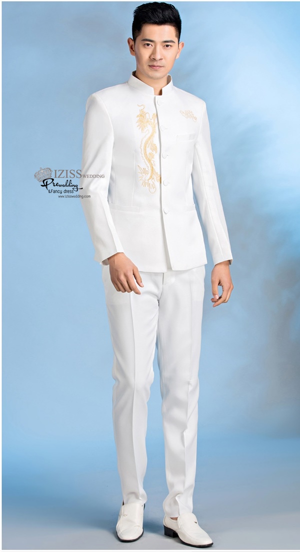 ST088 **พรีออเดอร์**สูทจีนผู้ชายสีดำแขนยาวปักลายมังกรสีทอง ติดกระดุมสีดำ พร้อมกางเกงสีดำขาสอบ ชุดสูทเจ้าบ่าว สูทแฟนซี ถ่ายพรีเวดดิ้ง & ชุดแต่งงานแฟนซี (Fancy wedding dress) สูทผู้ชายสีดำ