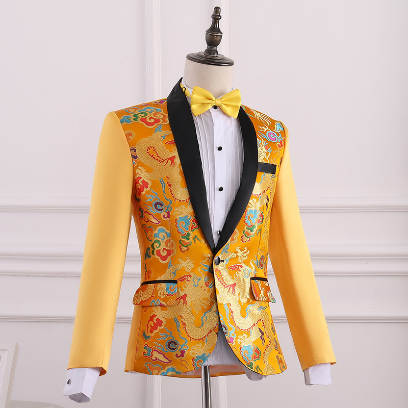 ST125- **พรีออเดอร์**สูทจีนสีน้ำเงินลายมังกร ตัดสีดำช่วงคอ แขนยาว พร้อมกางเกงสีดำ ชุดสูทเจ้าบ่าว สูทแฟนซี ถ่ายพรีเวดดิ้ง & ชุดแต่งงานแฟนซี (Fancy wedding dress) สูทจีนสีเหลืองลายมังกร