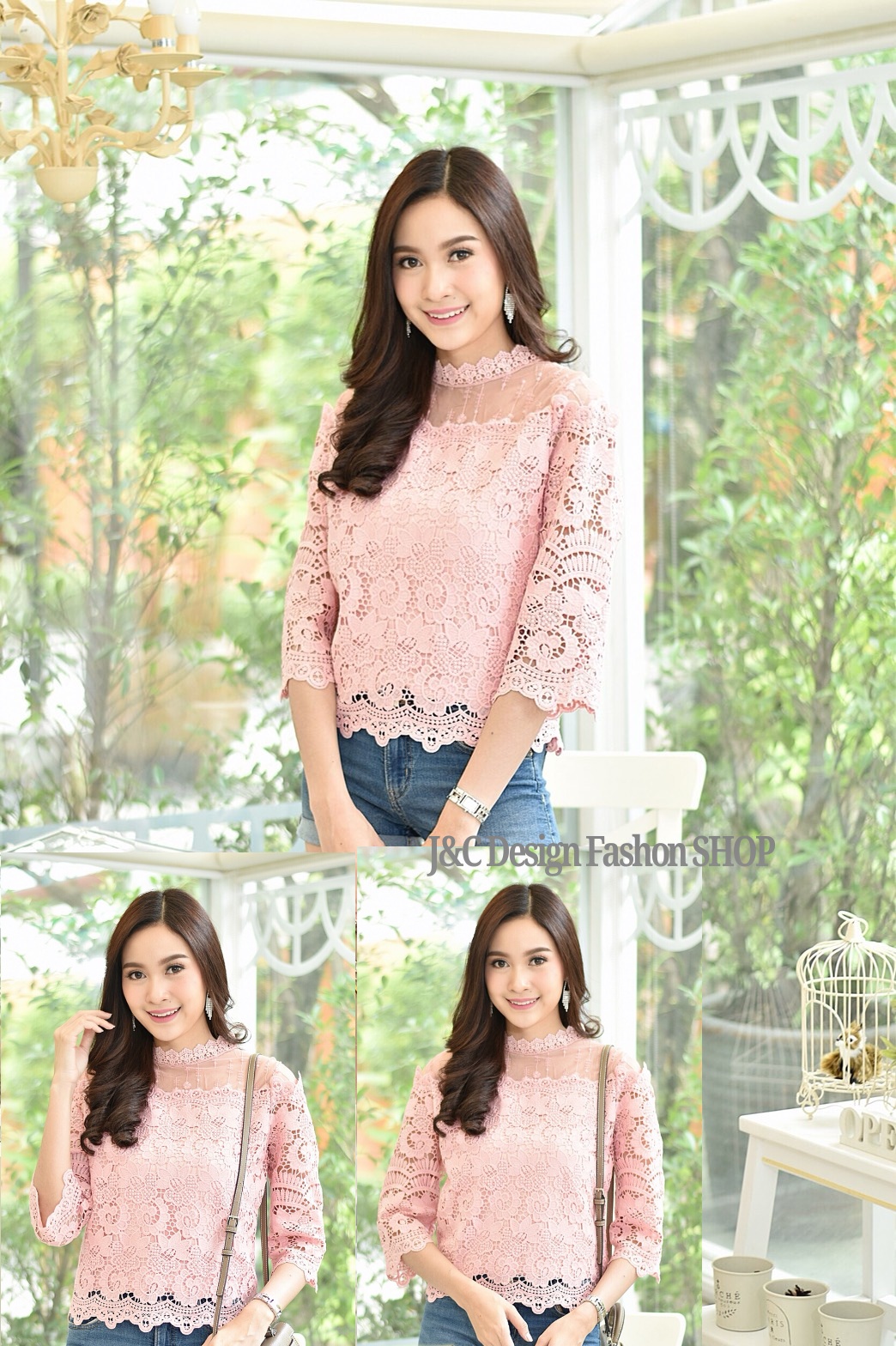 เสื้อเสื้อลูกไม้สไตน์เกาหลีสีชมพู เสื้อลูกไม้แขนกระดิ่งสีชมพู เสื้อลูกไม้วัยรุ่นคอจีนสีชมพู เสื้อทำงานลูกไม้
