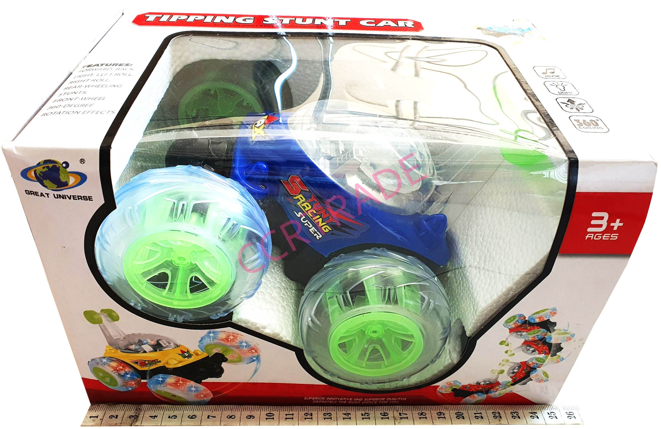 รถตีลังกาบังคับเล็ก+รีโมทชาร์ไฟบ้าน มีเสียง มีไฟกล่อง 16.5x25 ซม.(1x3)