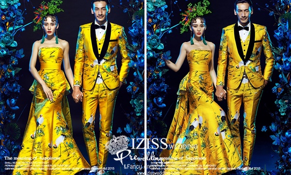 PW556- **พร้อมส่งเฉพาะชุดผู้หญิงแบบผ้าพิมพ์ลายนกกระเรียนค่ะ**ชุดคู่ถ่ายพรีเวดดิ้ง (prewedding dress) & ชุดแต่งงานแฟนซี (Fancy wedding dress)ชายหญิง "ธีมสีเหลือง"
