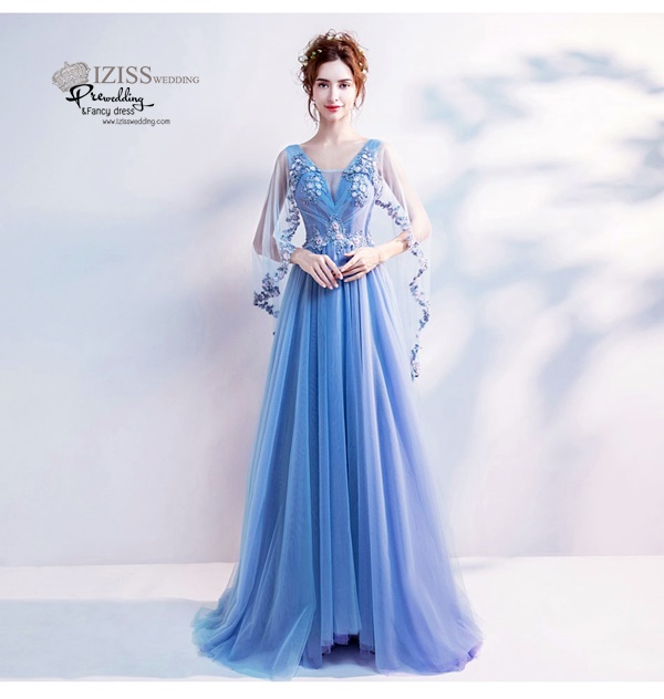 DL036 - **พรีออเดอร์** ชุดราตรี เดรสยาวออกงาน (Night party dresses) ชุดไปงานแต่งงานสวยๆ "ธีมสีฟ้าครามแต่งดอก 3D"