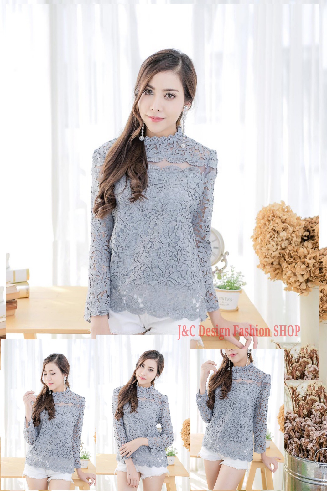 เสื้อลูกไม้สไตน์วัยรุ่น เสื้อลูกไม้สไตน์เกาหลีสีเทา เสื้อลูกไม้สไตน์วัยรุ่น เสื้อผ้าไทยใส่กับผ้าถุง เสื้อลูกไม้ใส่ผ้าซิ่น เสื้อลูกไม้แขนยาว 5 ส่วน เสื้อลูกไม้ใส่กับผ้าซิ่นสีเทา