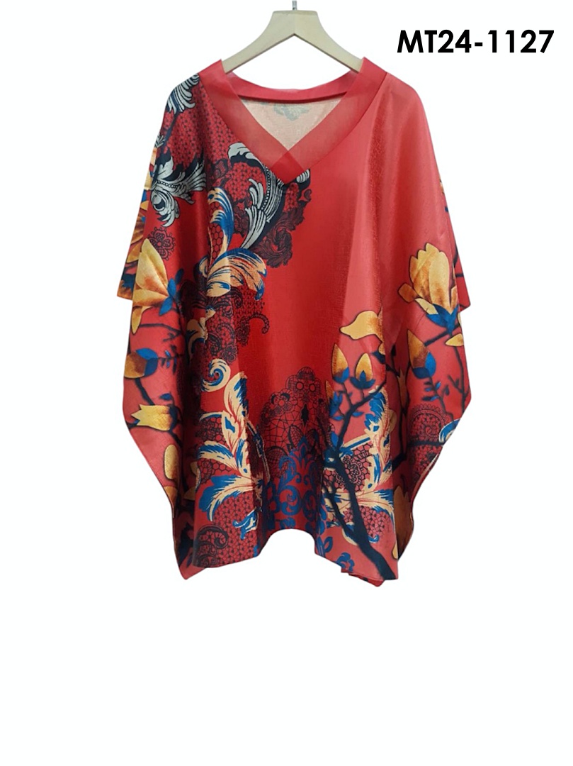 MT24-1127 ไหมจีนคอวีแก้วทรงผีเสื้อ อก 56 นิ้ว สวยสไต์คุณนาย เสื้อผู้ใหญ่