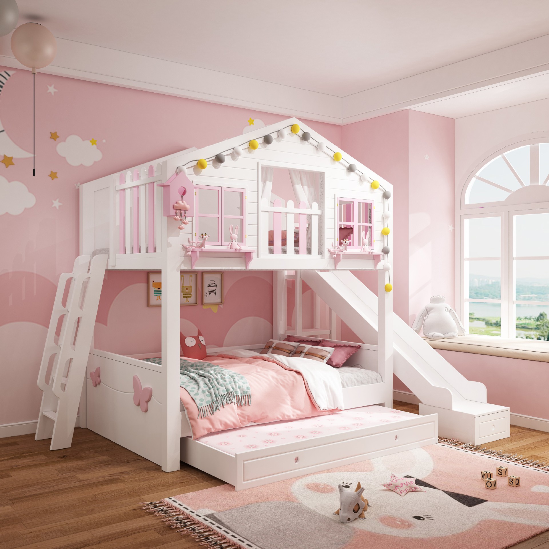 เตียง 2 ชั้นรุ่น Tree House สีชมพู