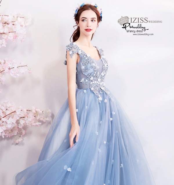 DL072 - **พรีออเดอร์** ชุดราตรี เดรสยาวออกงาน (Night party dresses) ชุดไปงานแต่งงานสวยๆ "ธีมสีฟ้าครามแต่งดอก 3D"