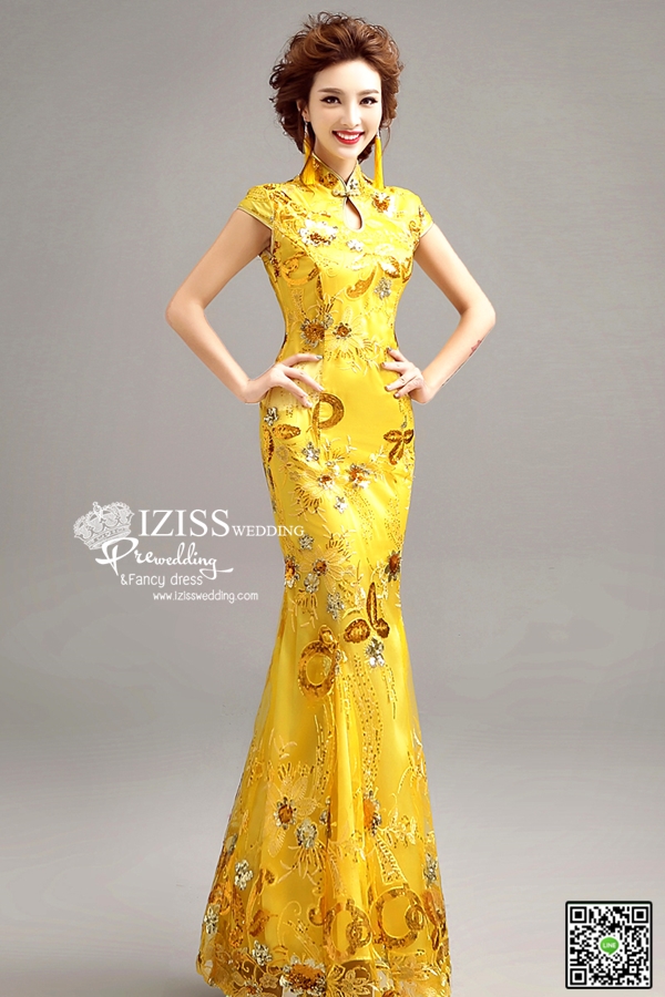 PW435- **พร้อมส่งสีเหลือง พรีออเดอร์เขียว ม่วง**ชุดกี่เพ้ายาว ชุดยกน้ำชา ชุดถ่ายพรีเวดดิ้ง (prewedding dress) & ชุดแต่งงานแฟนซี (Fancy wedding dress) "ธีมสีเหลือง"