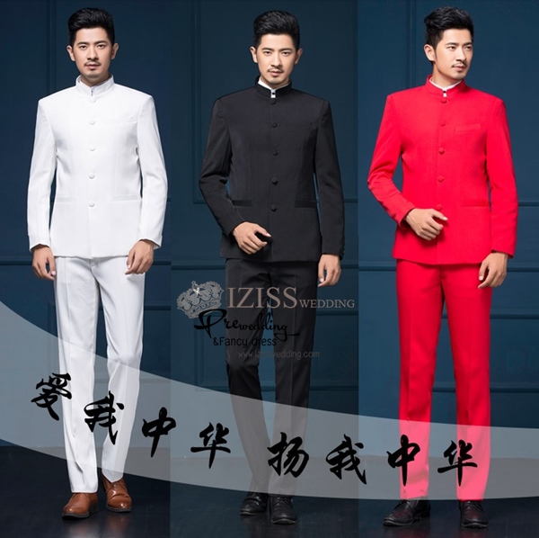 ST007- **พรีออเดอร์สีขาว/แดง/ดำ**สูทจีนผู้ชายสีดำแขนยาวคอจีน ติดกระดุมสีดำ พร้อมกางเกงสีดำขาสอบ ชุดสูทเจ้าบ่าว สูทแฟนซี ถ่ายพรีเวดดิ้ง & ชุดแต่งงานแฟนซี (Fancy wedding dress) สูทผู้ชายสีดำ