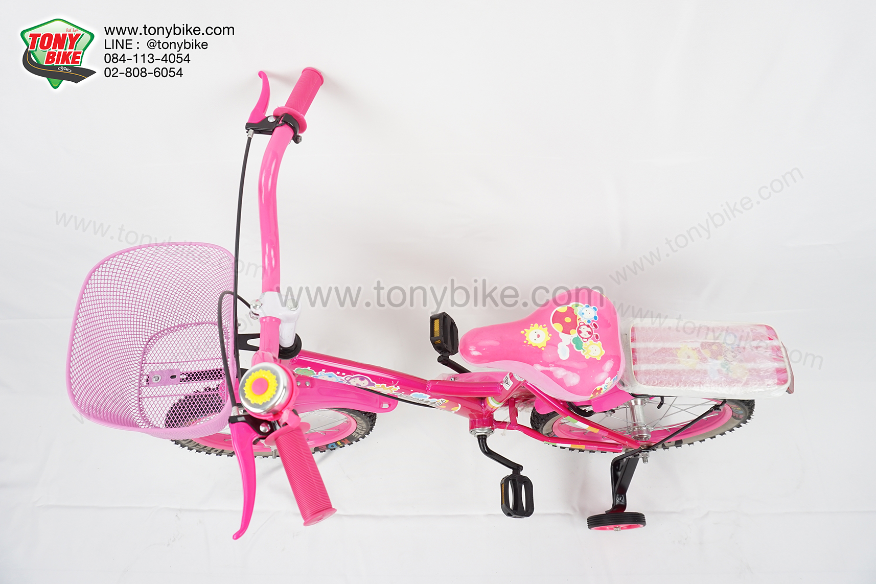 จักรยานเด็ก ล้อ 16 นิ้ว แฮนด์สูง เบาะหลัง มีล้อพ่วงข้าง สีชมพู