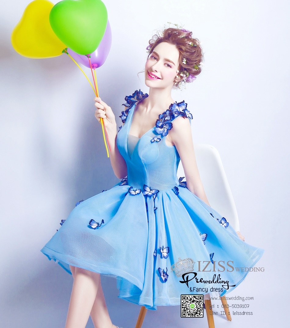 DS021 - **พรีออเดอร์** ชุดราตรี เดรสสั้นออกงาน (short dresses) ชุดไปงานแต่งงานสวยๆ "ธีมฟ้าสดใส"