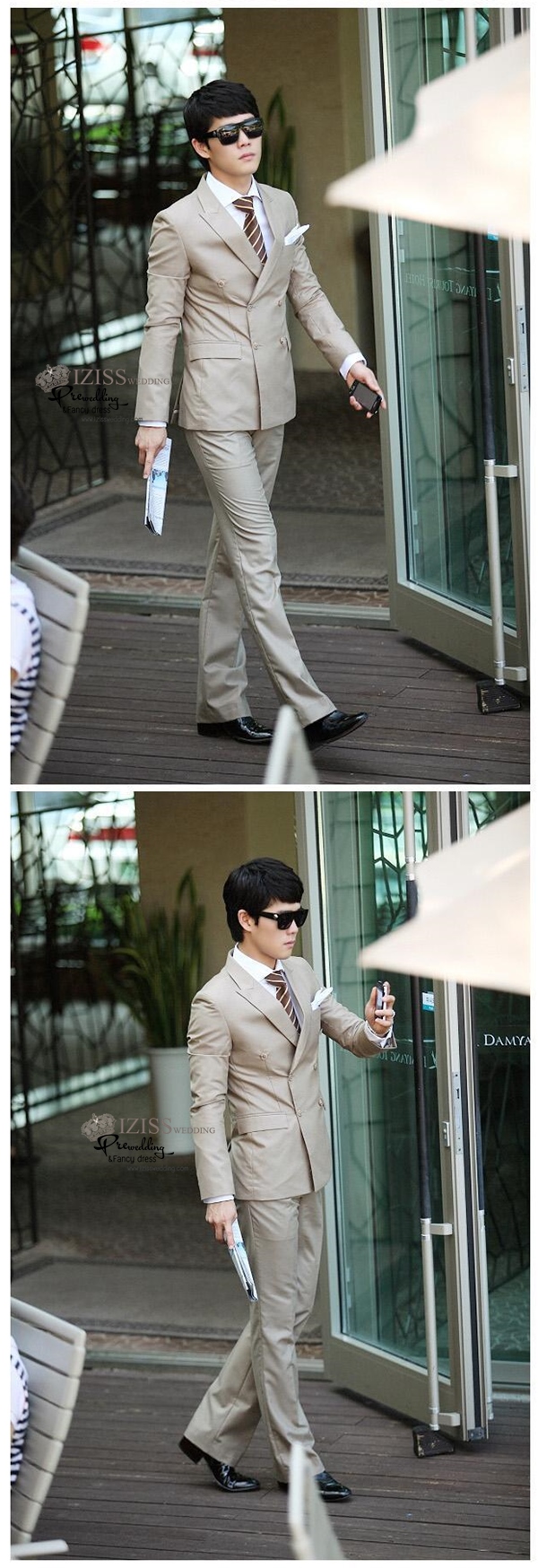 ST057- **พรีออเดอร์**สูทผู้ชายสีน้ำตาล แขนยาว แบบ 4 กระดุม พร้อมกางเกง ชุดสูทเจ้าบ่าว สูทแฟนซี ถ่ายพรีเวดดิ้ง & ชุดแต่งงานแฟนซี (Fancy wedding dress) สูทผู้ชายสีน้ำตาล