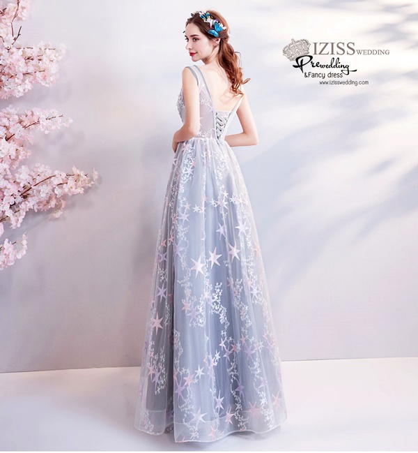 DL074 - **พรีออเดอร์** ชุดราตรี เดรสยาวออกงาน (Night party dresses) ชุดไปงานแต่งงานสวยๆ "ธีมสีฟ้าแต่งดอก 3D"