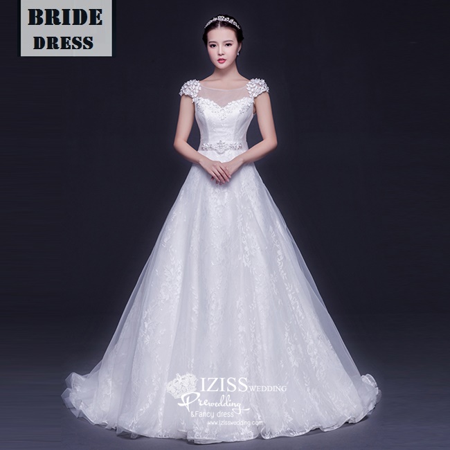 BR159 **พรีออเดอร์ XL**ชุดแต่งงาน&ชุดเจ้าสาวแบบยาวสีขาวเกรดพรีเมี่ยม แขนสั้นประดับดอกไม้ช่วงไหล่ ซีทรูช่วงเนินอก หรูหราน่ารัก พร้อมเข็มขัดระดับมุกและเพชร สวยโดดเด่นไม่ซ้ำใคร