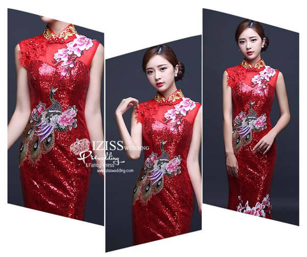 PW497 - **พรีออเดอร์** ชุดกี่เพ้าสีแดงเลื่อม ชุดคู่ถ่ายพรีเวดดิ้ง (prewedding dress) & ชุดแต่งงานแฟนซี (Fancy wedding dress)ชายหญิง "ธีมสีแดง"