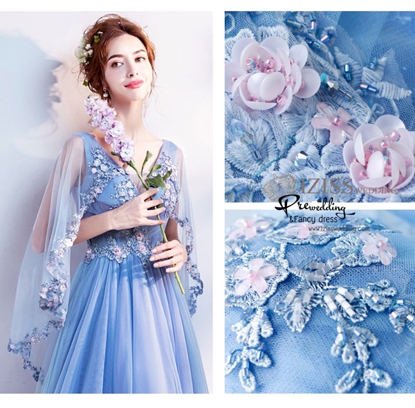 DL036 - **พรีออเดอร์** ชุดราตรี เดรสยาวออกงาน (Night party dresses) ชุดไปงานแต่งงานสวยๆ "ธีมสีฟ้าครามแต่งดอก 3D"