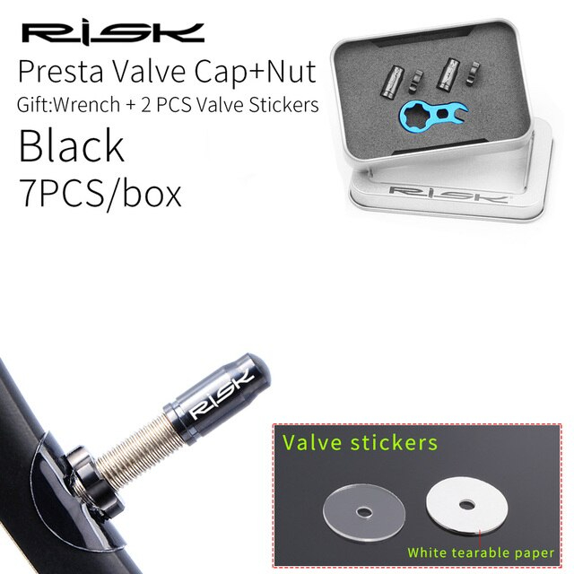 ฝาปิดจุ๊บจักรยานแบบอลูมิเนียม CNC RISK พร้อมกล่อง AV/FV พร้อมน็อตวาล์วยางใน+สติกเกอร์ติดล้อ