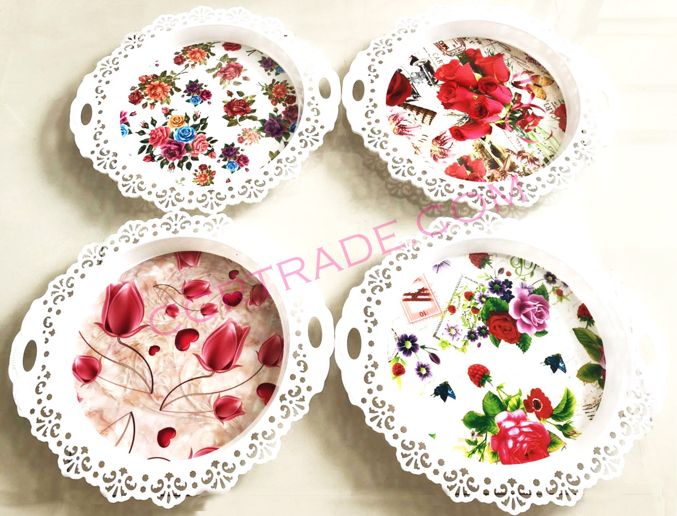 ถาดฉลุกลมขอบดอกไม้ มีหูจับ (หนา) 35 ซม.