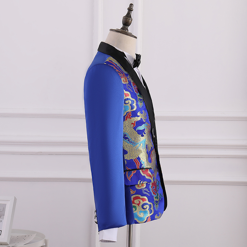 ST125- **พรีออเดอร์**สูทจีนสีน้ำเงินลายมังกร ตัดสีดำช่วงคอ แขนยาว พร้อมกางเกงสีดำ ชุดสูทเจ้าบ่าว สูทแฟนซี ถ่ายพรีเวดดิ้ง & ชุดแต่งงานแฟนซี (Fancy wedding dress) สูทจีนสีเหลืองลายมังกร